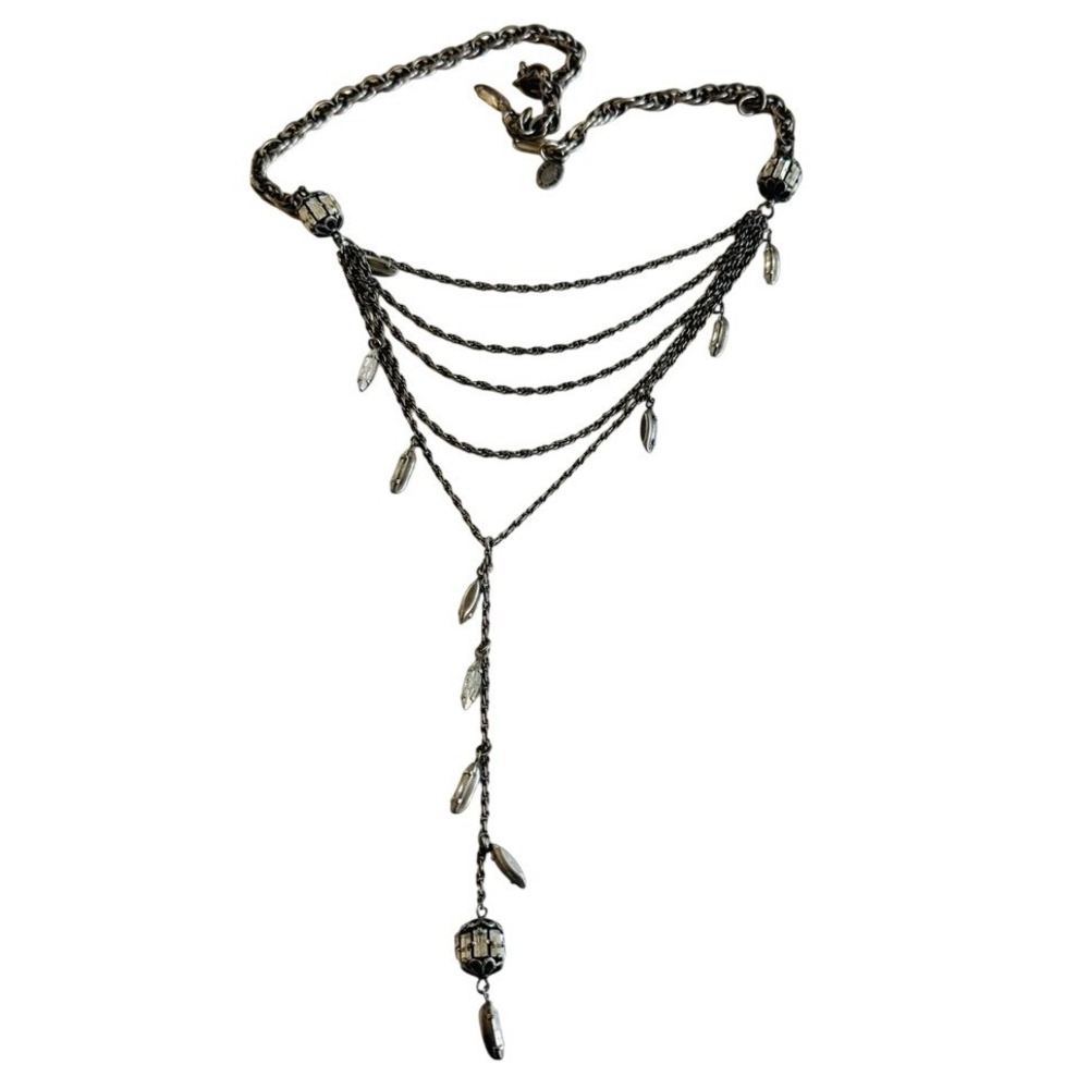 VTG Laura Vogel New York Y-Drop Necklace Silver Brass Jeweled MOD bib Dangle 16"